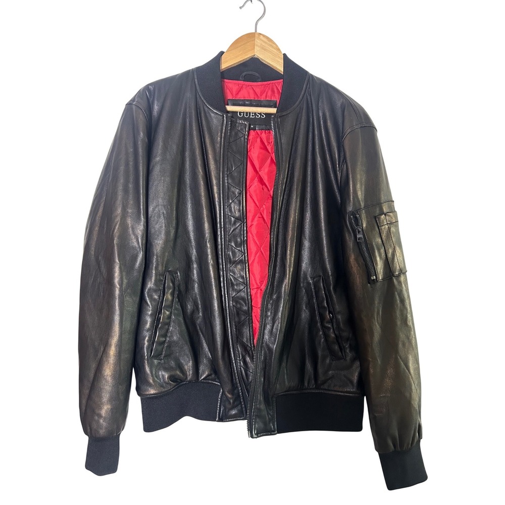 GUESS Women Black Faux Leather Bomber Jacket Quilted Red Lining‎ Zip Up Size M